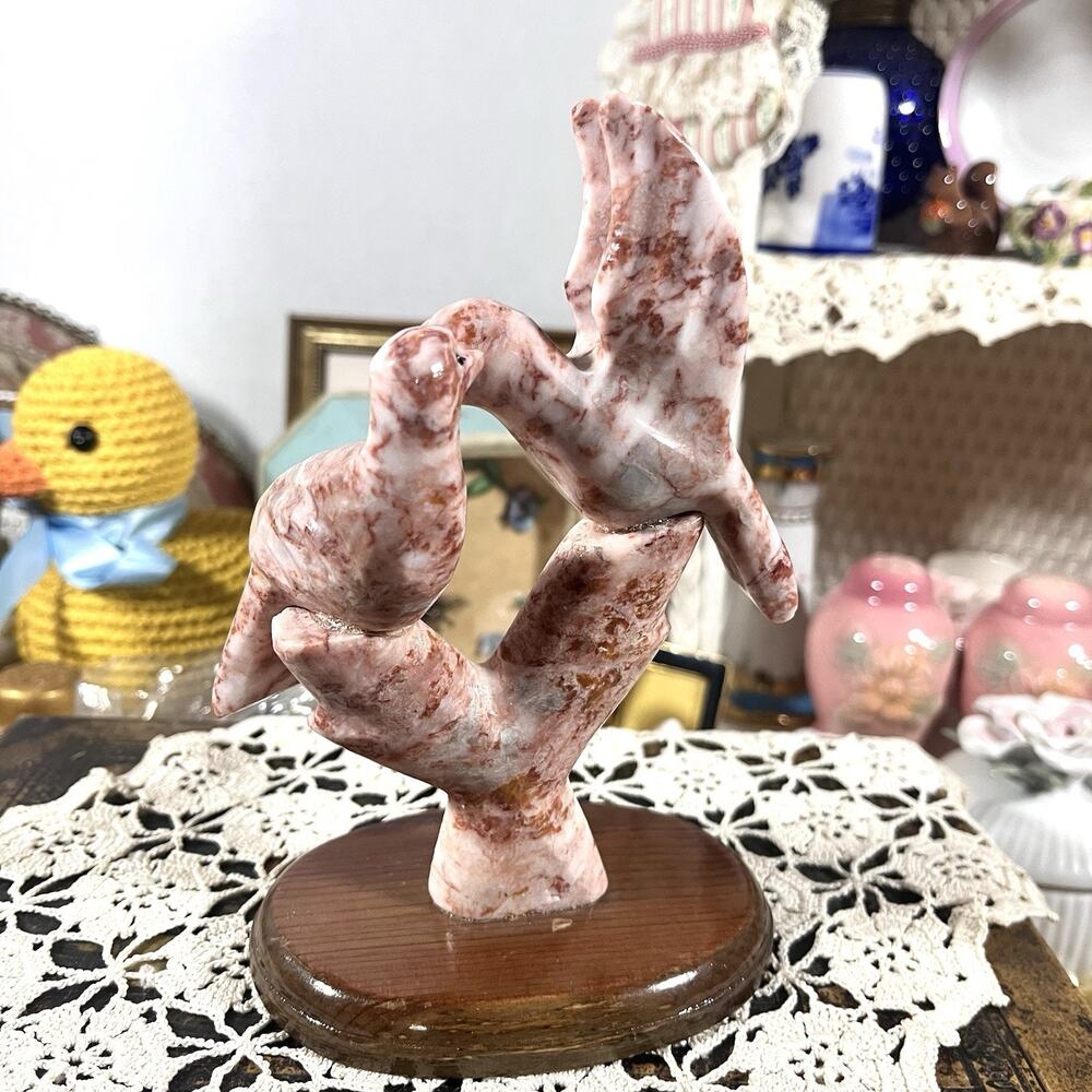 Vintage Pink Marble Love Birds Sculpture Wood Base Mexico